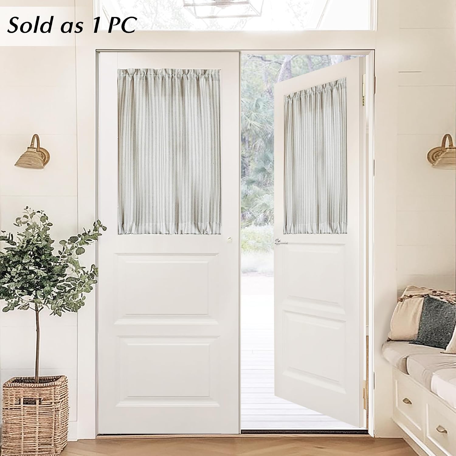 Striped Sheer Linen Door Drapes Farmhouse Privacy Covering - Image 2