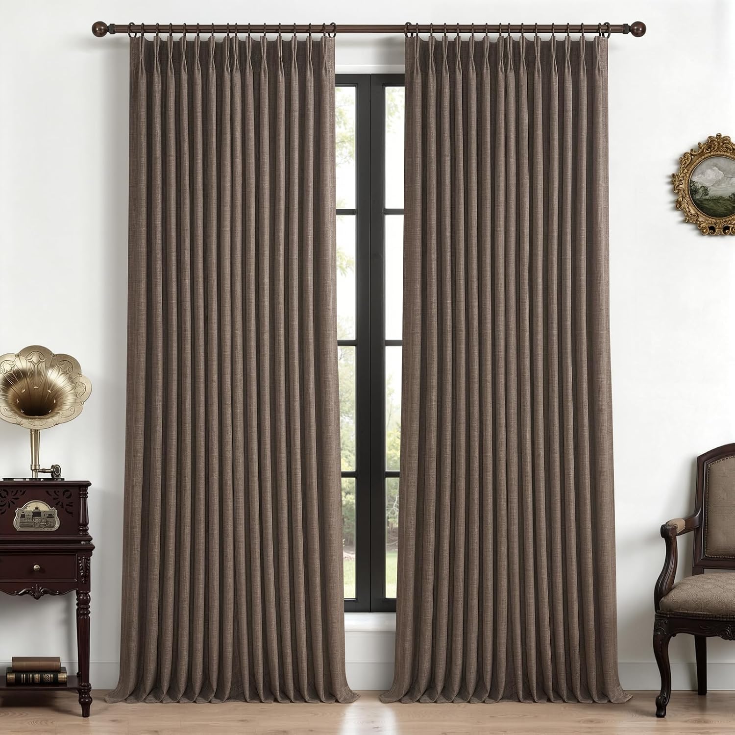 Pleated Linen Curtains Blackout Thermal Noise Blocking Rustic Windows